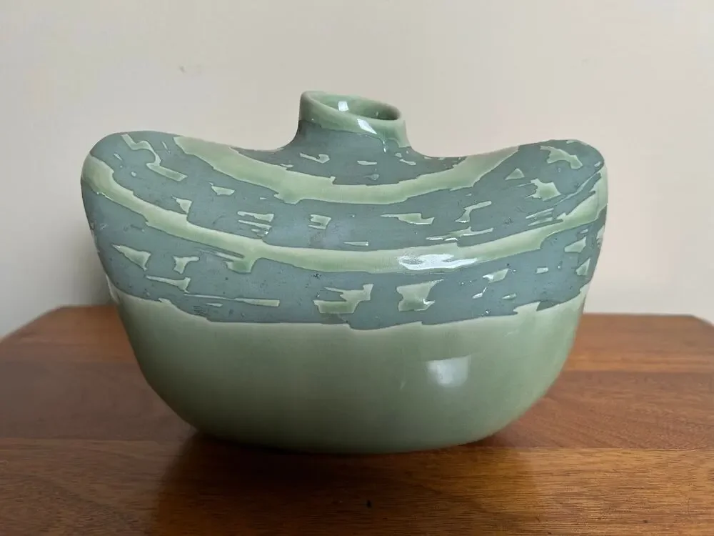 Vintage Kenshoma Studio Pottery Vase, Green Oval Ceramic Vase